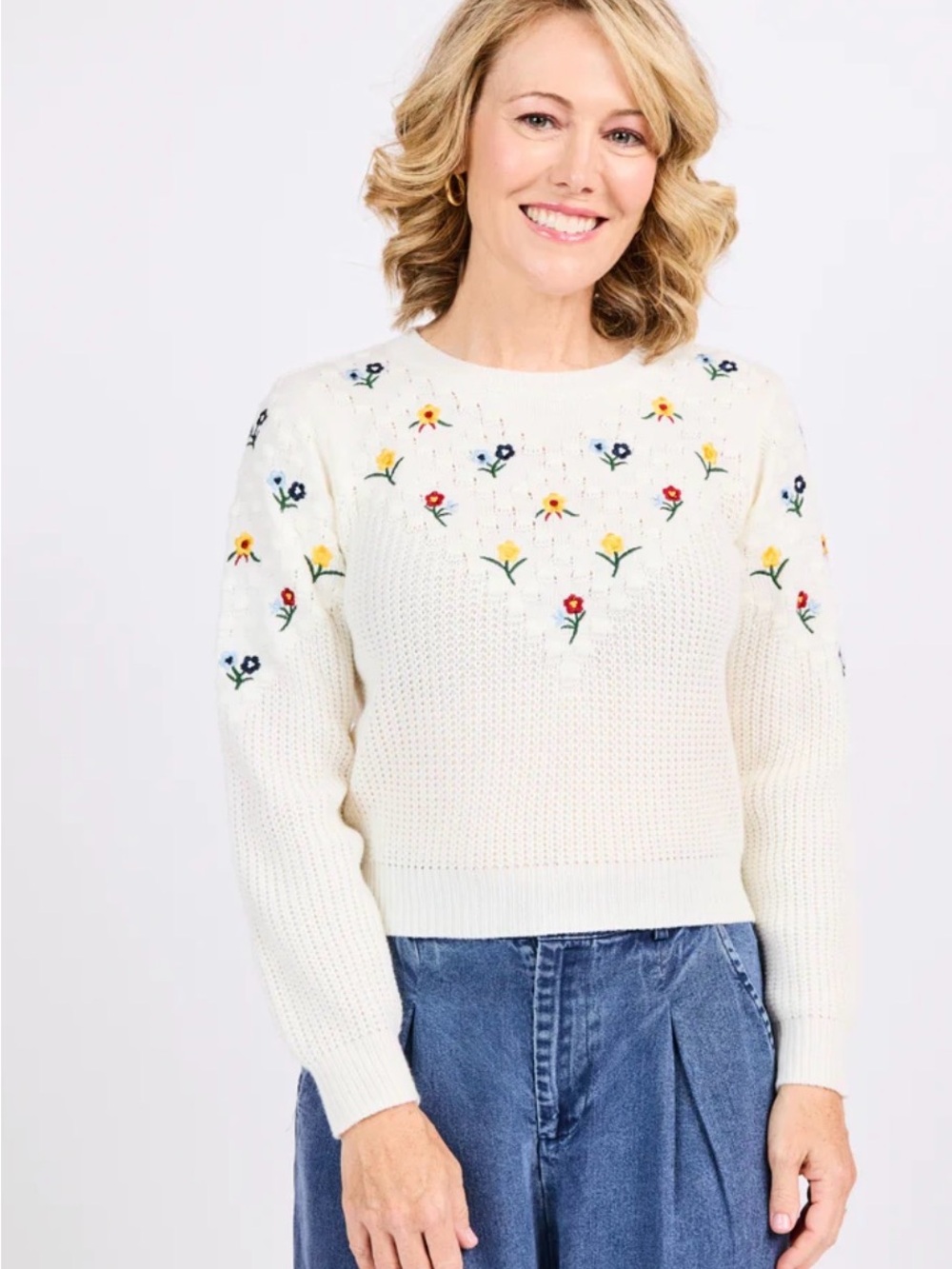 Sadie & Sage Cream Crewneck Sweater with Multicolor Floral Embroidery
